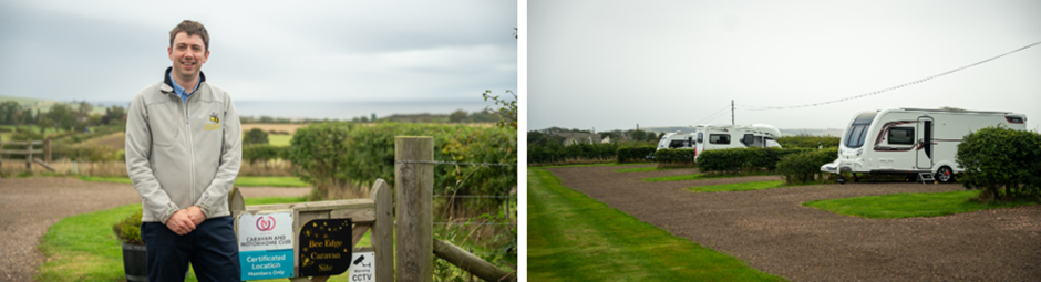 Image of a campsite owner standing in front of a sign indicating the location as a Certificated Location. In the background, rolling hills and farmland are visible.