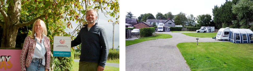 A couple standing beside a 'Certificated Location' sign in a rural setting.