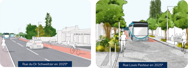 Les futures rues du Dr schweitzer et Louis Pasteur à Montoir-de-Bretagne en 2025 - croquis d'ambiance non contractuels ©Osty et associés
