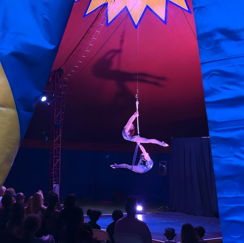 Women aerialists under big top circus tent before audience