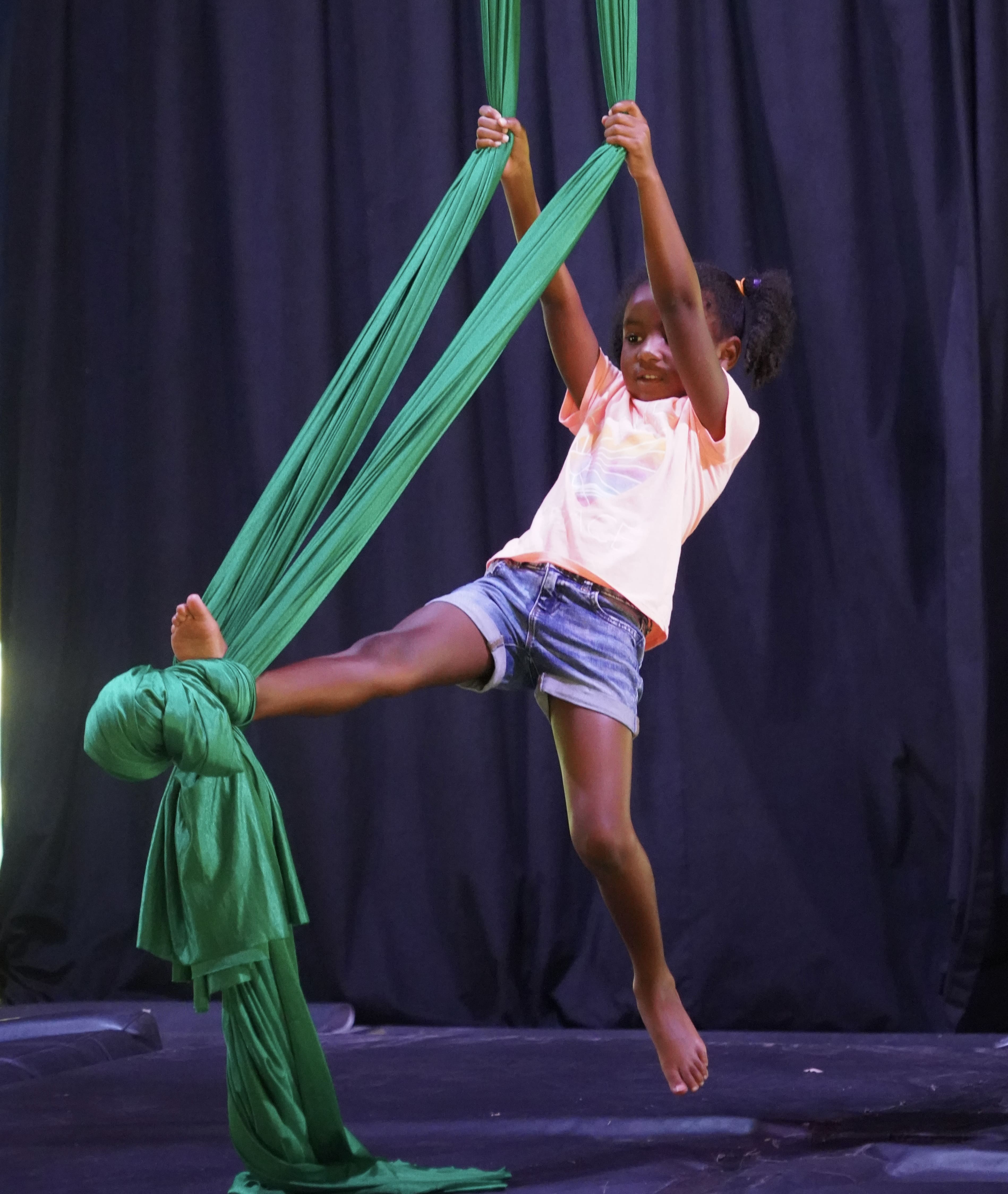 Download High Resolution Woman walking up boards held by men on both sides.